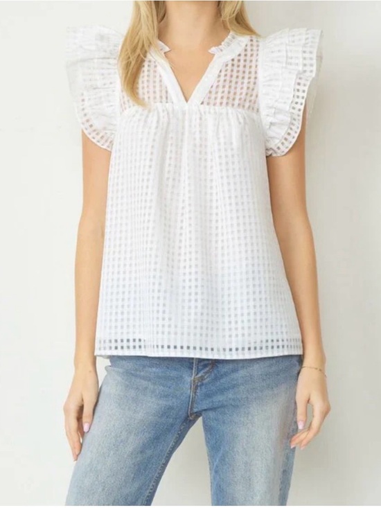 entro Tops - entro White grid pattern sheer Ruffle Sleeve V-Neck Top